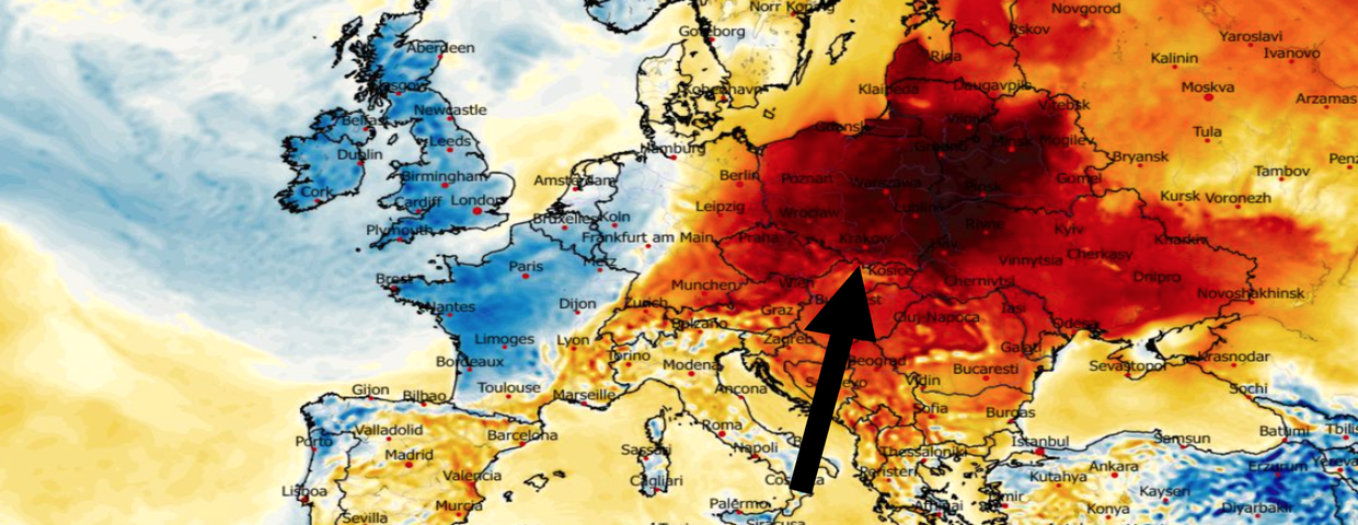 Anomalia temperatury mierzona na poziomie 2 m nad powierzchnią gruntu 13.03