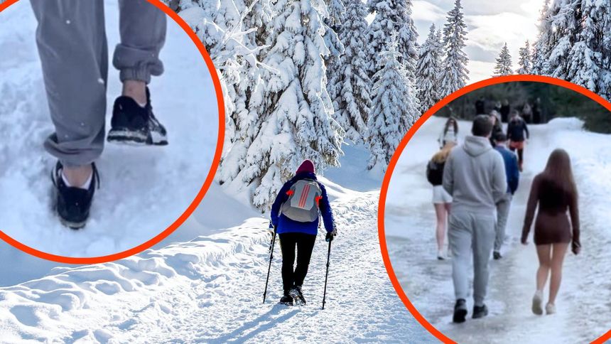 Na zdjęciu górski szlak w zimie, osoby spacerujące w śniegu w nieodpowiednim ubraniu