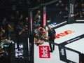FAME MMA: zawodnik w akcji na ringu, sędzia ocenia sytuację, grupa ludzi w tle.