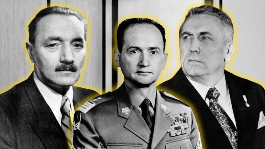 Trzech mężczyzn w garniturach na tle jasnych ścian, w stylu czarno-białym z żółtą obwódką