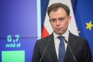 inister finansów Andrzej Domański podczas konferencji prasowej w siedzibie Ministerstwa Rozwoju i Technologii w Warszawie