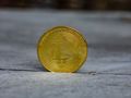Złota moneta bitcoin na szarym tle, prezentująca symbol cyfrowej waluty.