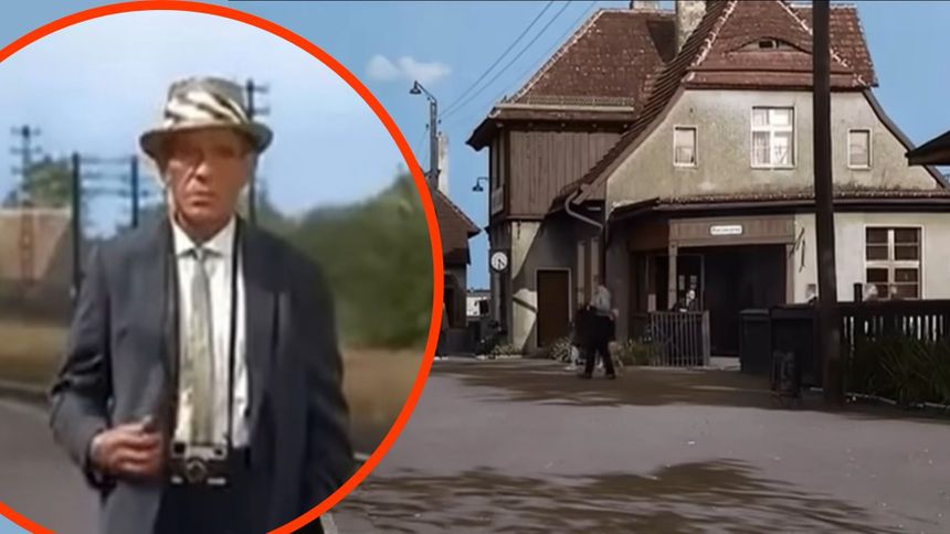 Na zdjęciu widoczny mężczyzna w kapeluszu, stojący na tle domów. Scena z filmu
