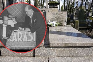 Miejsce spoczynku Józefa Karasińskiego, ozdobione kwiatami. Zdjęcia historyczne w kółku.