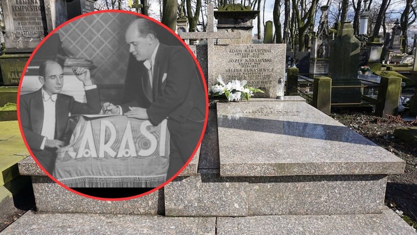 Miejsce spoczynku Józefa Karasińskiego, ozdobione kwiatami. Zdjęcia historyczne w kółku.