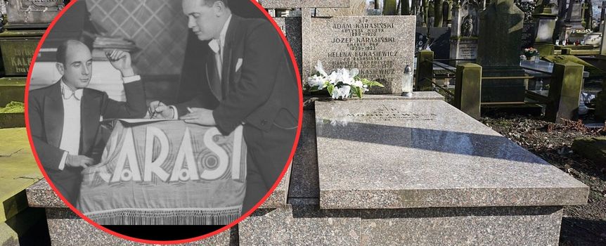 Miejsce spoczynku Józefa Karasińskiego, ozdobione kwiatami. Zdjęcia historyczne w kółku.