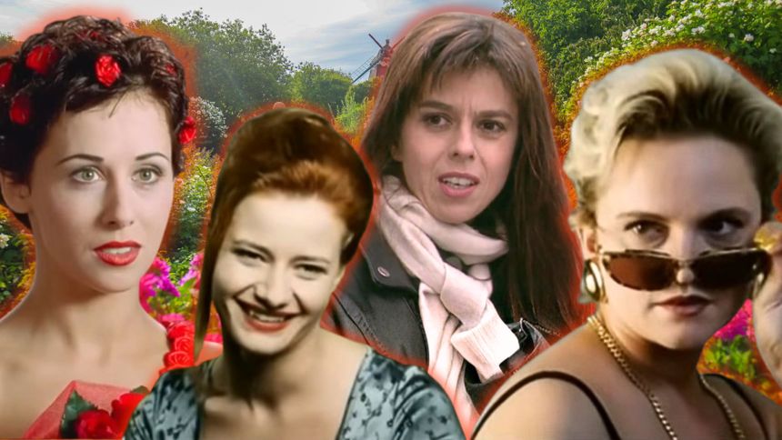 Zdjęcie przedstawia cztery kobiety na tle kwiatów, każda w innym stylu