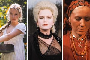 Trzy zdjęcia kobiet: w jasnej sukience na łące, eleganckiej w czerni, oraz z chustą i biżuterią.