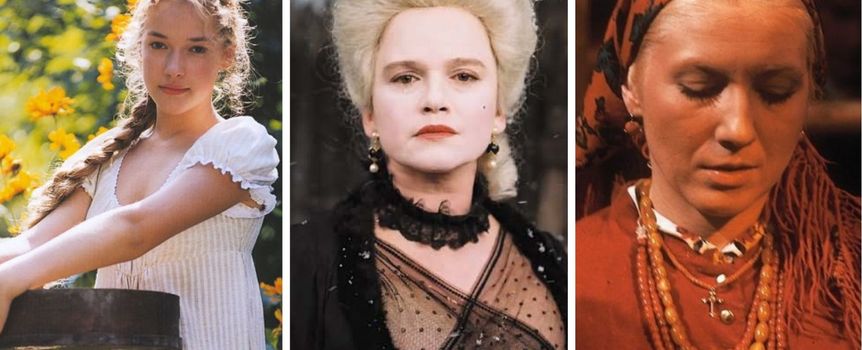 Trzy zdjęcia kobiet: w jasnej sukience na łące, eleganckiej w czerni, oraz z chustą i biżuterią.