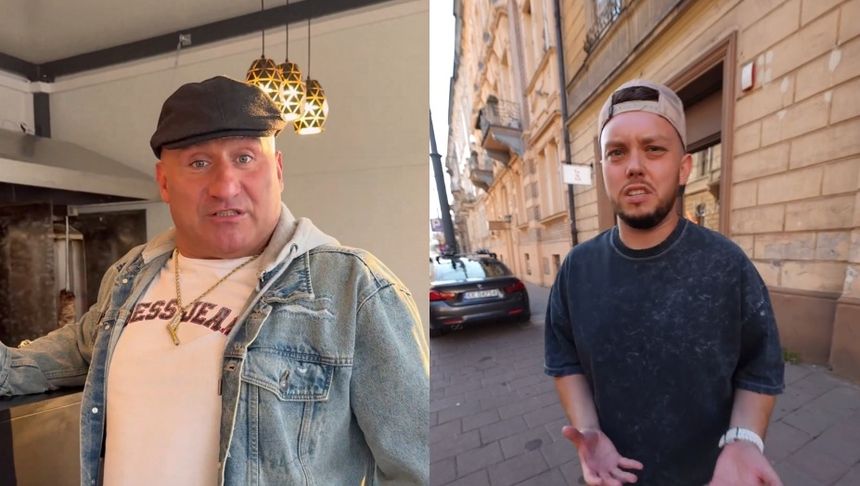 Na zdjęciu dwóch mężczyzn: Marcin Najman w kurtce dżinsowej w lokalu, Książulo na ulicy, wyrażają emocje.