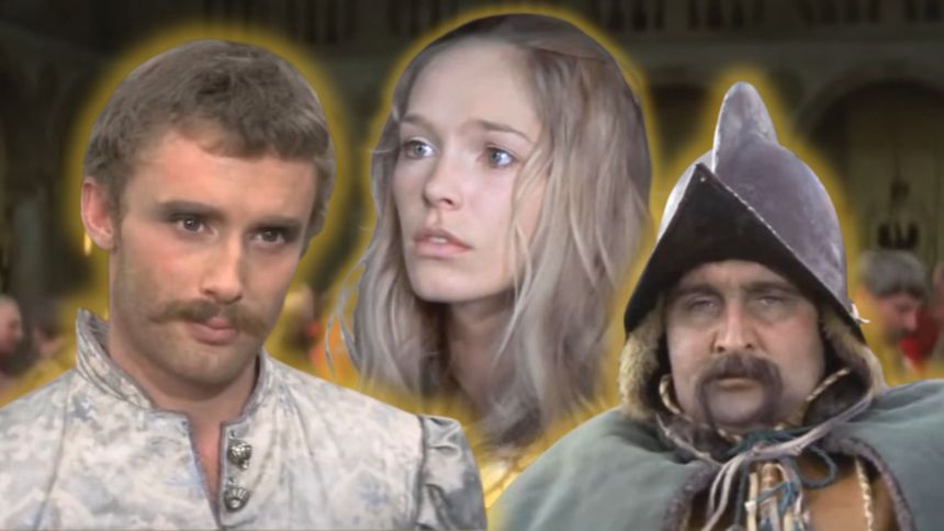 Trzy postacie z filmu, mężczyzna z wąsami, kobieta z długimi włosami, mężczyzna w hełmie