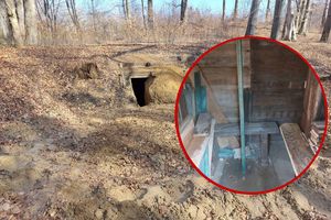 Ziemianka w lesie, zdewastowane grodzisko w Krzykawce