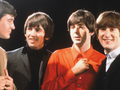 Muzycy z zespołu The Beatles w modnych strojach lat 60. uśmiechających się do siebie.