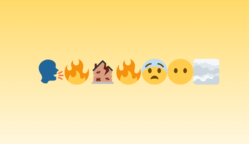 Emotikony: rozmowa, ogień, zrujnowany dom, ogień, strach, dym