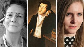 Trzy portrety: kobieta w okularach, mężczyzna z brodą w eleganckim stroju, kobieta z długimi włosami.