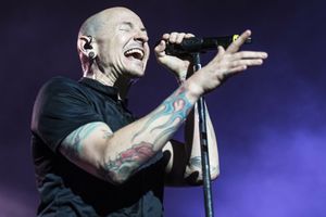 Mężczyzna z tatuażami, śpiewający do mikrofonu na scenie, z wyrazem radości na twarzy.