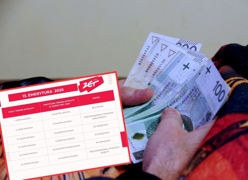 Na zdjęciu widać dłoń trzymającą banknoty oraz tabelę z informacjami o emeryturze.