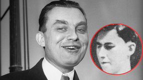 Mężczyzna w garniturze z uśmiechem na twarzy, w tle czerń i biel. Wstawka z drugą fotografią.