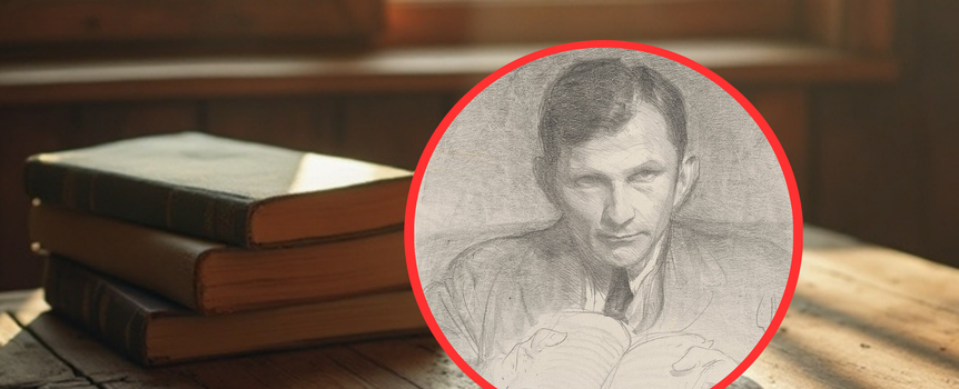 Na zdjęciu leżące książki na stole, w ramce szkic mężczyzny z poważnym wyrazem twarzy.