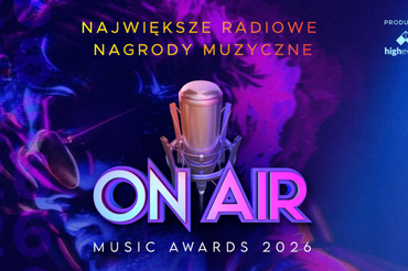 Plakat zaprasza na Nagrody Muzyczne 2026 z mikrofonem, kolorowe tło i logo producenta.