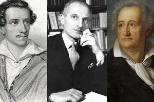 Trzy portrety mężczyzn w różnych strojach: elegancki mężczyzna oraz dwaj w klasycznych ubraniach.