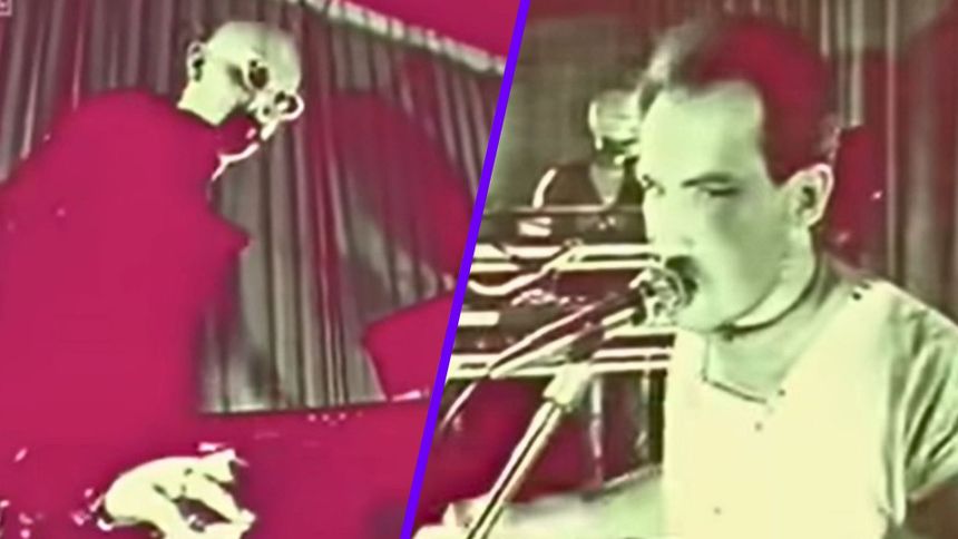 Dwa mężczyźni grają na instrumentach w stylizowanej, kolorowej scenerii muzycznej.