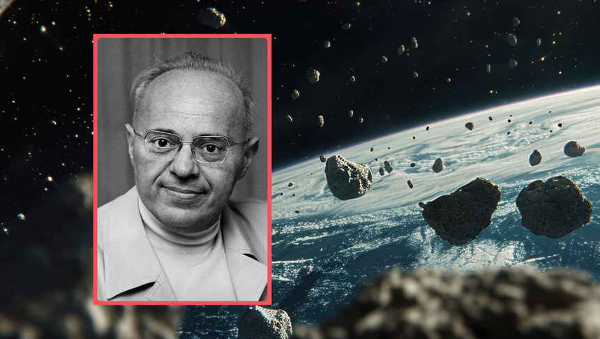 Na zdjęciu mężczyzna w okularach, na tle kosmicznych asteroid. Po lewej stronie jego portret.