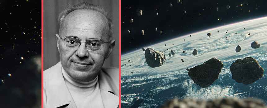 Na zdjęciu mężczyzna w okularach, na tle kosmicznych asteroid. Po lewej stronie jego portret.