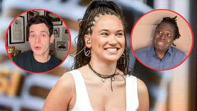 Na zdjęciu uśmiechnięta kobieta z warkoczami, w tle dwóch mężczyzn w okręgach.