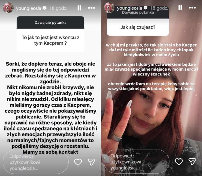 Young Leosia potwierdza rozstanie z Kacprem Błońskim