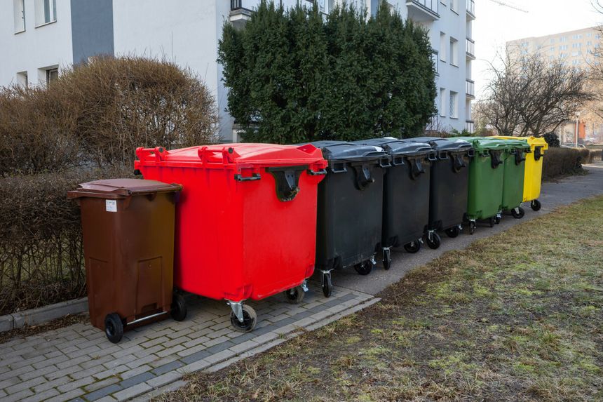 Zdjęcie przedstawia rząd kolorowych śmietników wzdłuż chodnika przy budynku.