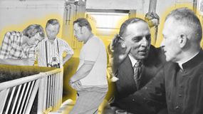 Cztery sylwetki mężczyzn w różnych sytuacjach, w tle zabudowa. Żółty efekt.