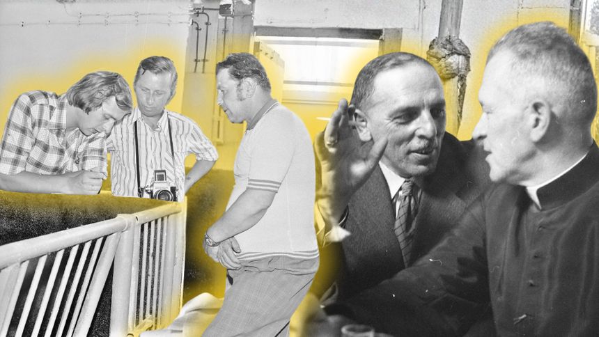 Cztery sylwetki mężczyzn w różnych sytuacjach, w tle zabudowa. Żółty efekt.