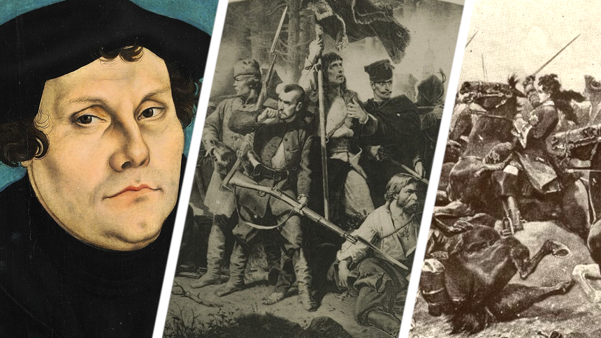 Marcin Luter - Lucas Cranach starszy, Bitwa - Artur Grottger, Szarża jazdy w bitwie pod Malplaquet - Richard Caton Woodville
