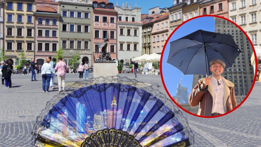 Na zdjęciu widać ludzi na placu w Warszawie, trzymających wachlarz z widokiem na miasto.