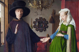 Obraz przedstawia parę stojącą w pokoju, mężczyzna z kapeluszem, kobieta w zielonej sukni.