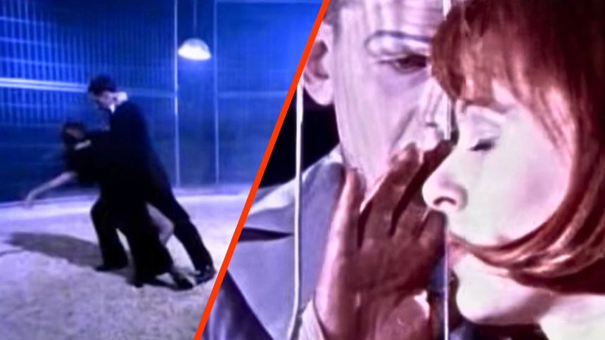 Dwie postacie tańczą w oświetlonym pomieszczeniu o industrialnym klimacie