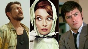 Trzy zdjęcia: mężczyzna w koszuli, Audrey Hepburn w chustce, mężczyzna w garniturze.