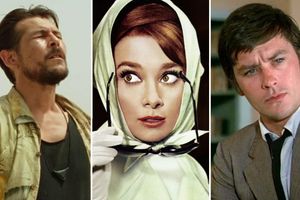 Trzy zdjęcia: mężczyzna w koszuli, Audrey Hepburn w chustce, mężczyzna w garniturze.