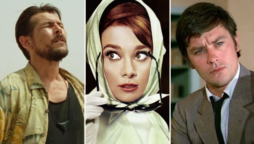 Trzy zdjęcia: mężczyzna w koszuli, Audrey Hepburn w chustce, mężczyzna w garniturze.