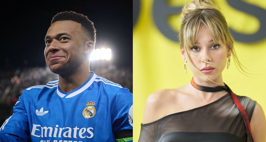 Na zdjęciu po lewej stronie Kylian Mbappe w niebieskiej koszulce, po prawej Ester Exposito w czarnej bluzce.