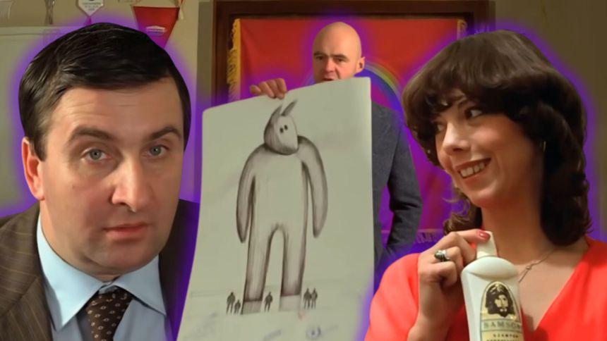 Na zdjęciu trzech ludzi, w tym jednego z rysunkiem oraz kobieta trzymająca butelkę kosmetyku.