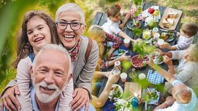 Rodzina spędza czas na świeżym powietrzu, przy stole pełnym jedzenia i napojów. Uśmiechy i radość.