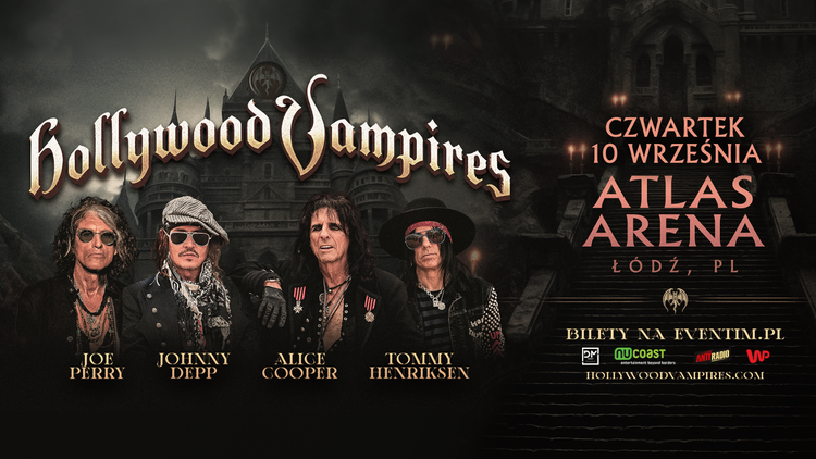 Czterech muzyków w rockowych strojach, logo zespołu Hollywood Vampires oraz dane koncertu.