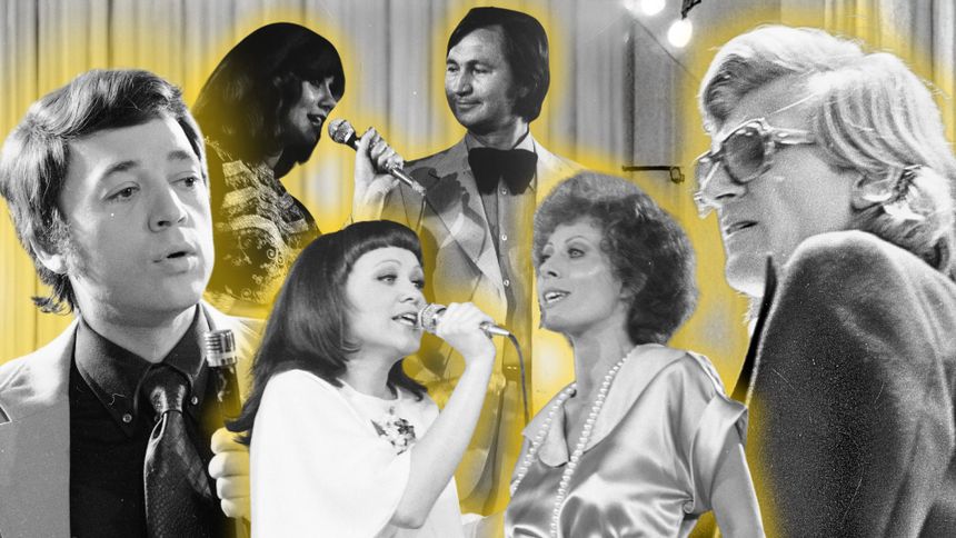 Kolaż czarno-białych zdjęć znanych polskich artystów muzycznych z lat 70. XX wieku.