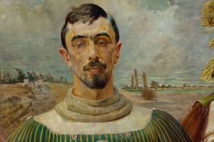 Mężczyzna w przestarzałym stroju, na tle krajobrazu, z poważnym wyrazem twarzy.