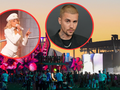 Na scenie festiwalu muzycznego dwie osoby występują w blasku zachodzącego słońca.