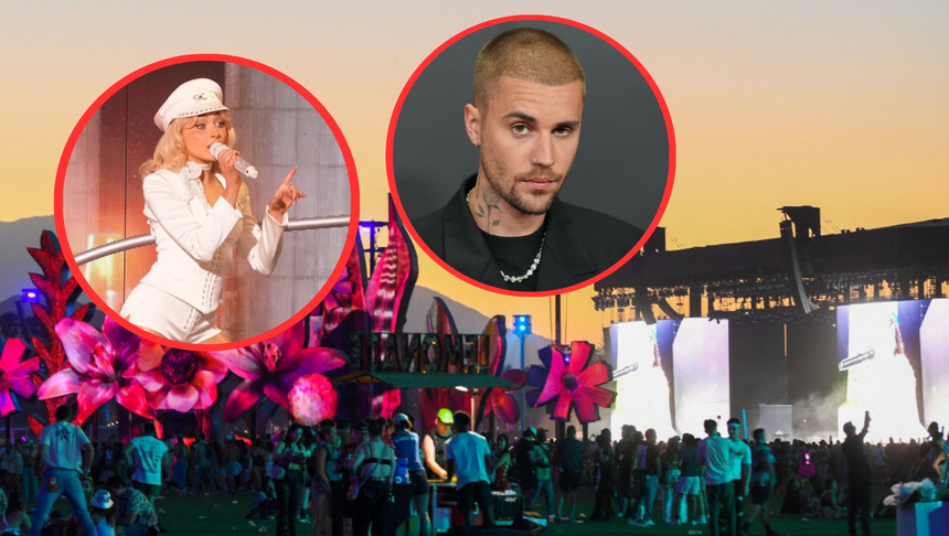 Na scenie festiwalu muzycznego dwie osoby występują w blasku zachodzącego słońca.