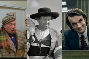 Trzech mężczyzn w różnych strojach: w zabawnym, ludowym i eleganckim stylu. W tle jasne ściany.