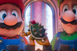 Dwaj bracia, Mario i Luigi, oglądają Bowsera w kolorowej scenerii z gry.